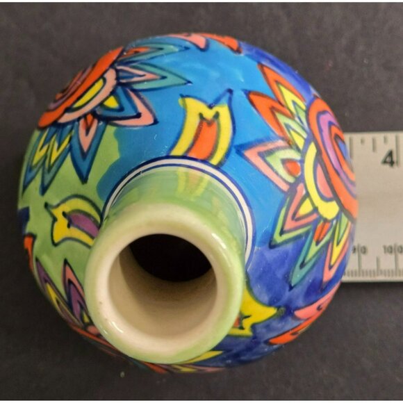 Hand-Painted Ceramic Bud Vase Green Tilted Neck Whimsical Colorful Floral Design - Picture 9 of 10